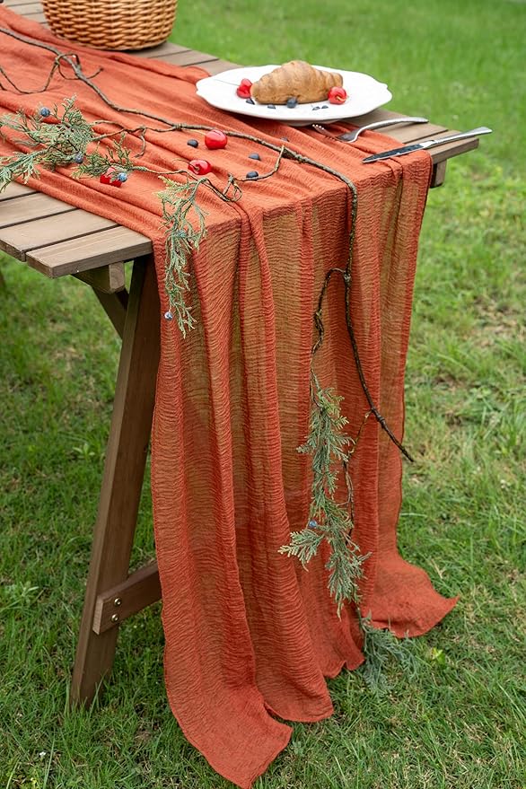 Thanksgiving Fall Table Runner Terracotta Gauze 120 Inch 10 FT Rustic Burnt Orange Sheer Cheese Cloth for Bridal Shower Friendsgiving Party Centerpiece Decor Fall Decorations for Home