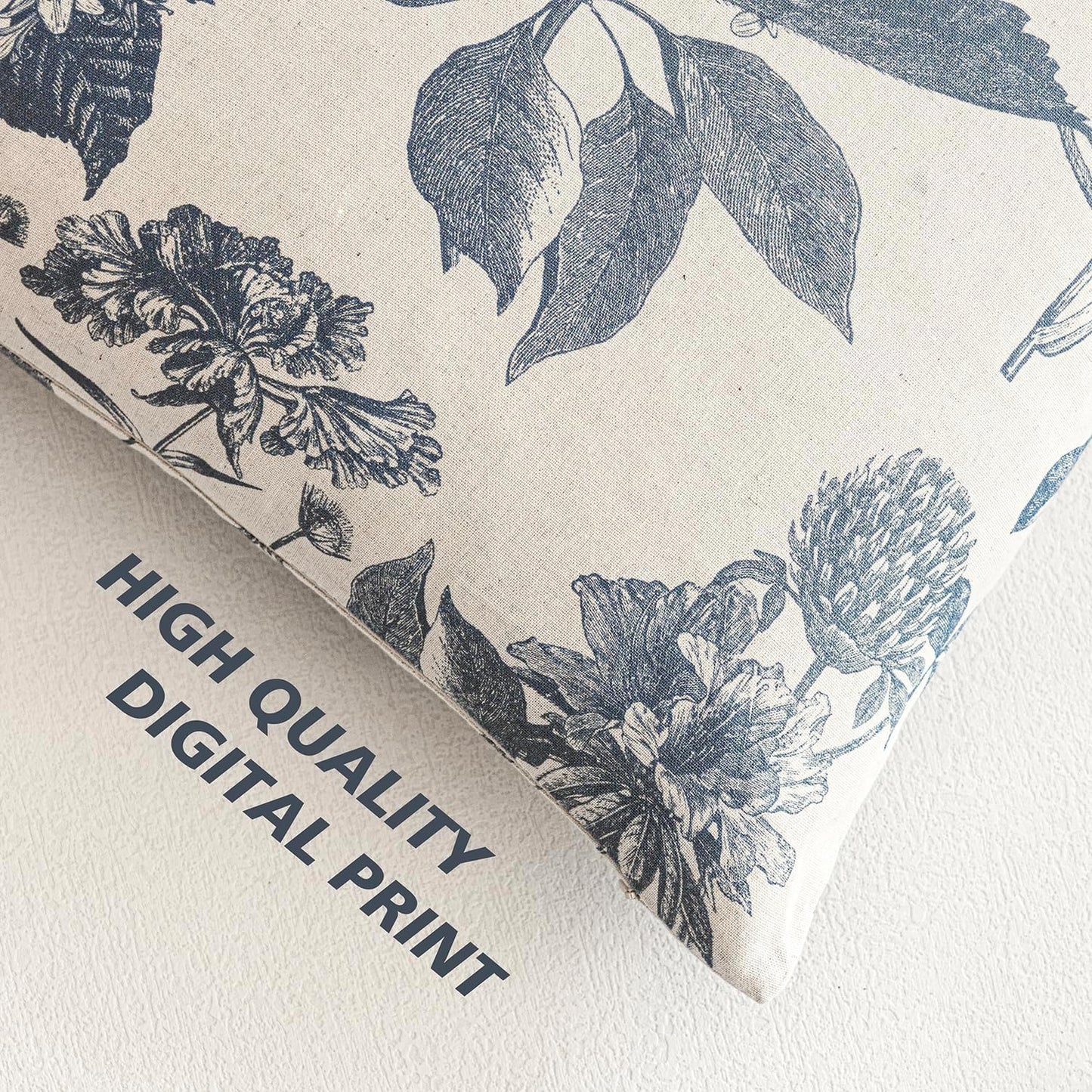 Foindtower Set of 2 Linen Floral Vintage Throw Pillow Covers Neutral Accent Print Decorative Cushion Covers Farmhouse Boho Home Decor for Sofa Chair Couch Bedroom Living Room,20×20 Inch,Blue