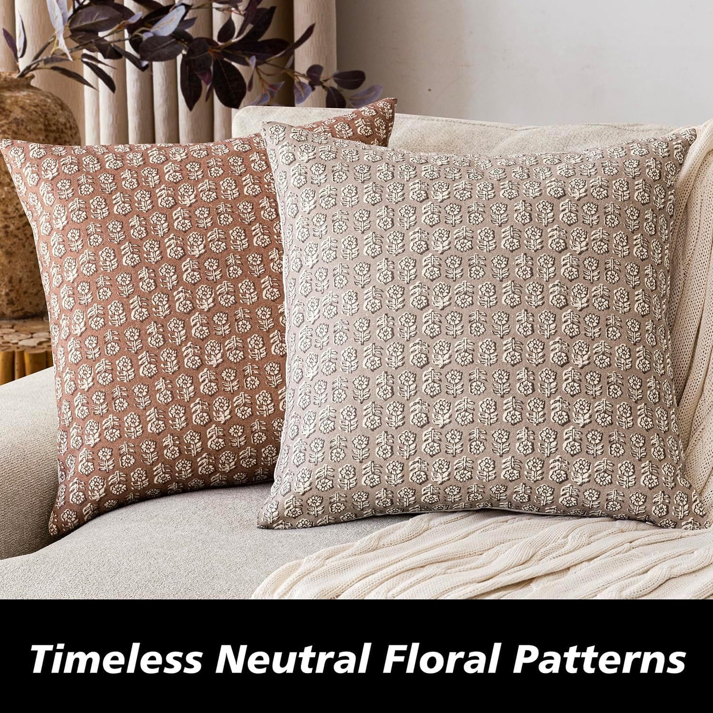 Foindtower Set of 2 Decorative Vintage Floral Print Throw Pillow Covers Neutral Farmhouse Cushion Covers Boho Home Decor for Sofa Couch Chair Bedroom Living Room,24×24 Inch,Light Orange Brown