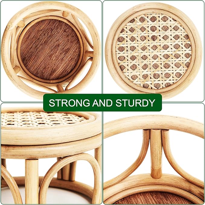 Set of 2 Small Boho Rattan Wicker Round Riser Plant Stand Indoor,Rustic Farmhouse Natural Wooden Circle Pedestal for Decor & Display, Tabletop, Office Decor