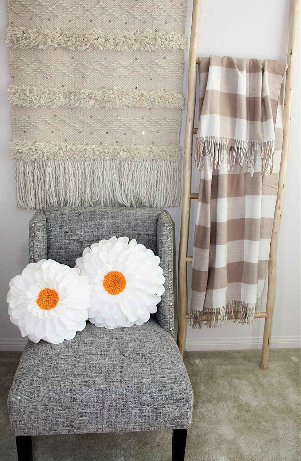 Contempo Lifestyles Decorative Daisy Throw Pillow - 3D Design Patented - Soft & Cozy Couch & Bed Pillow - 14" Flower, 13" with Insert, Ivory/Gold