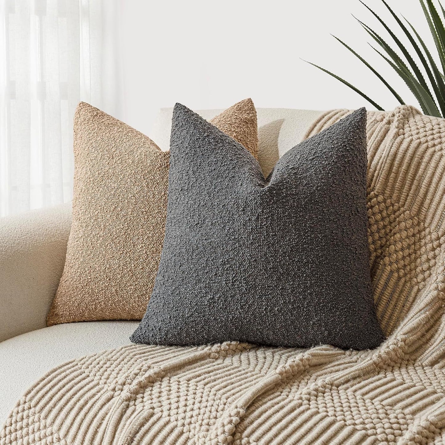 Foindtower Set of 2, Decorative Textured Boucle Throw Pillow Covers Accent Solid Pillow Cases Neutral Soft Cozy Couch Cushion Case for Chair Sofa Bedroom Living Room Home Decor 16 x 16 Inch Dark Grey