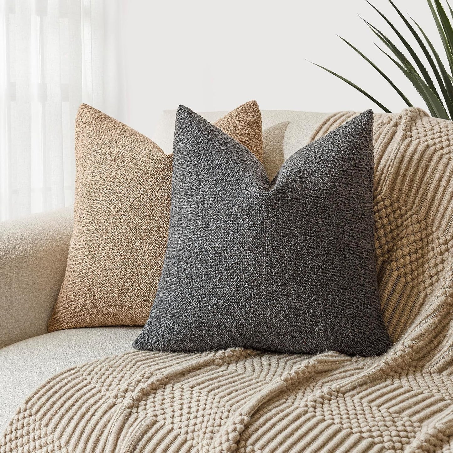 Foindtower Pack of 2 Textured Boucle Throw Pillow Covers Accent Solid Decorative Pillow Cases Cozy Woven Couch Cushion Case for Sofa Bedroom Living Room Home Decor, 20 x 20 Inch,Dark Grey