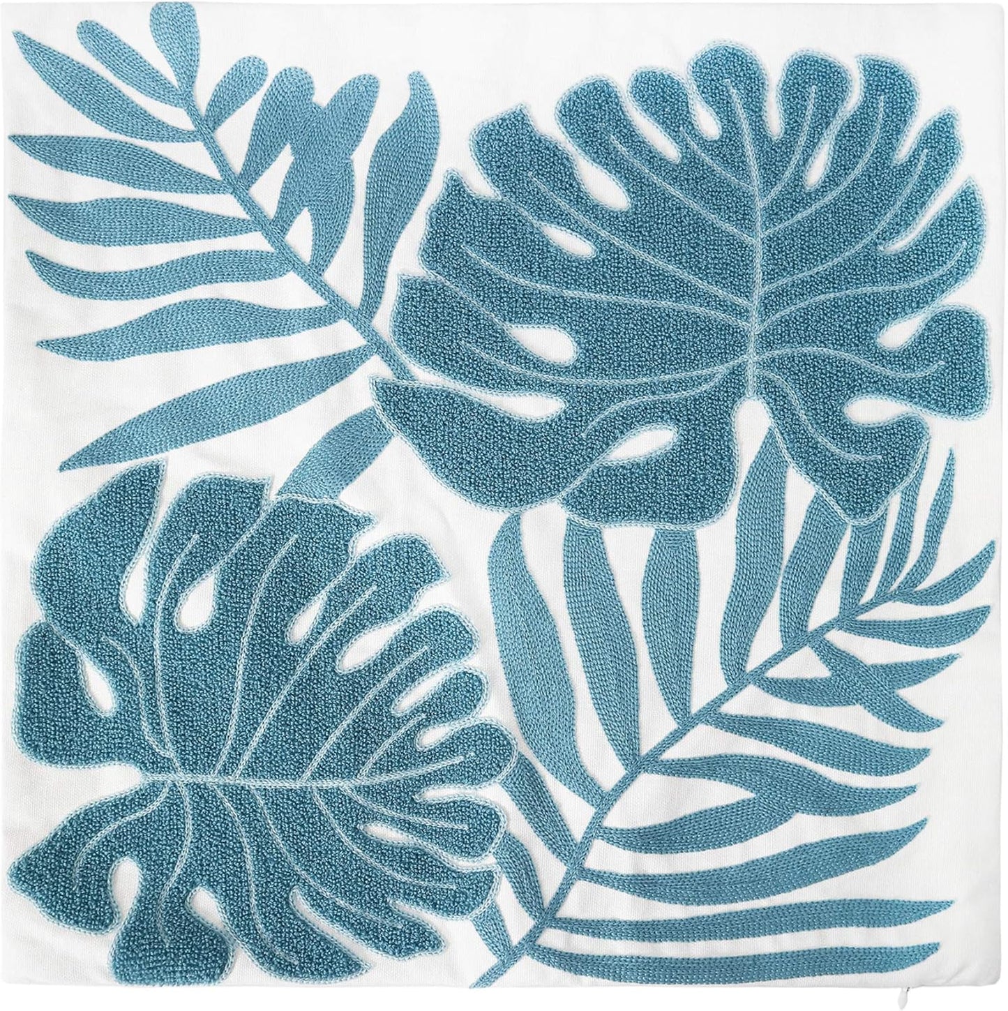 Embroidery Throw Pillow Cover 18x18 Light Blue Tropical Leaf Home Décor Turquoise Cushion Cover for Couch 45x45 100% Cotton Floor Pillowcase Teal Plant Monstera Leaf Loop, 1 Piece