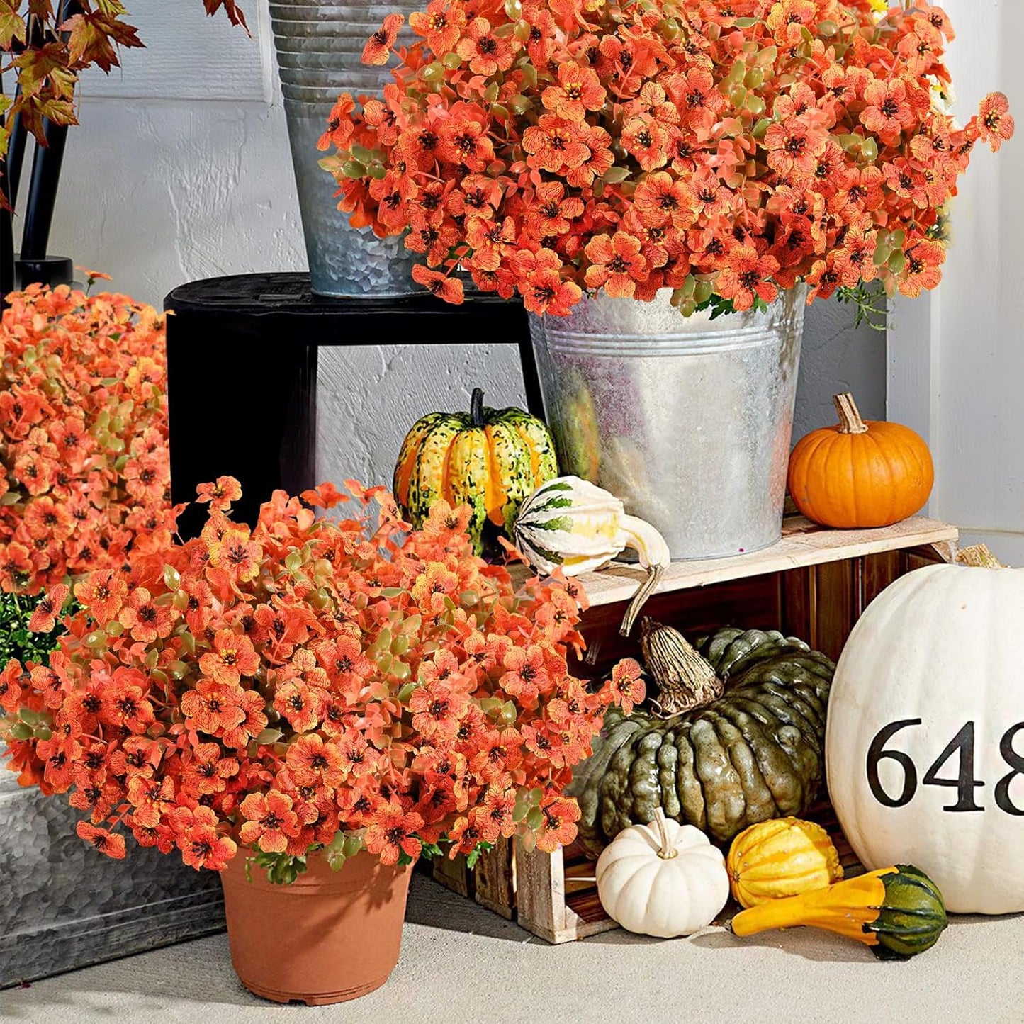 Fall Decor, Fake Mums, Fall Flowers, UV Resistant Artificial Mums for Outdoors, 12 Bundles Faux Mums for Outside, Fall Flower Plants Artificial for Decoration For Home Porch Thanksgiving,Orange Green
