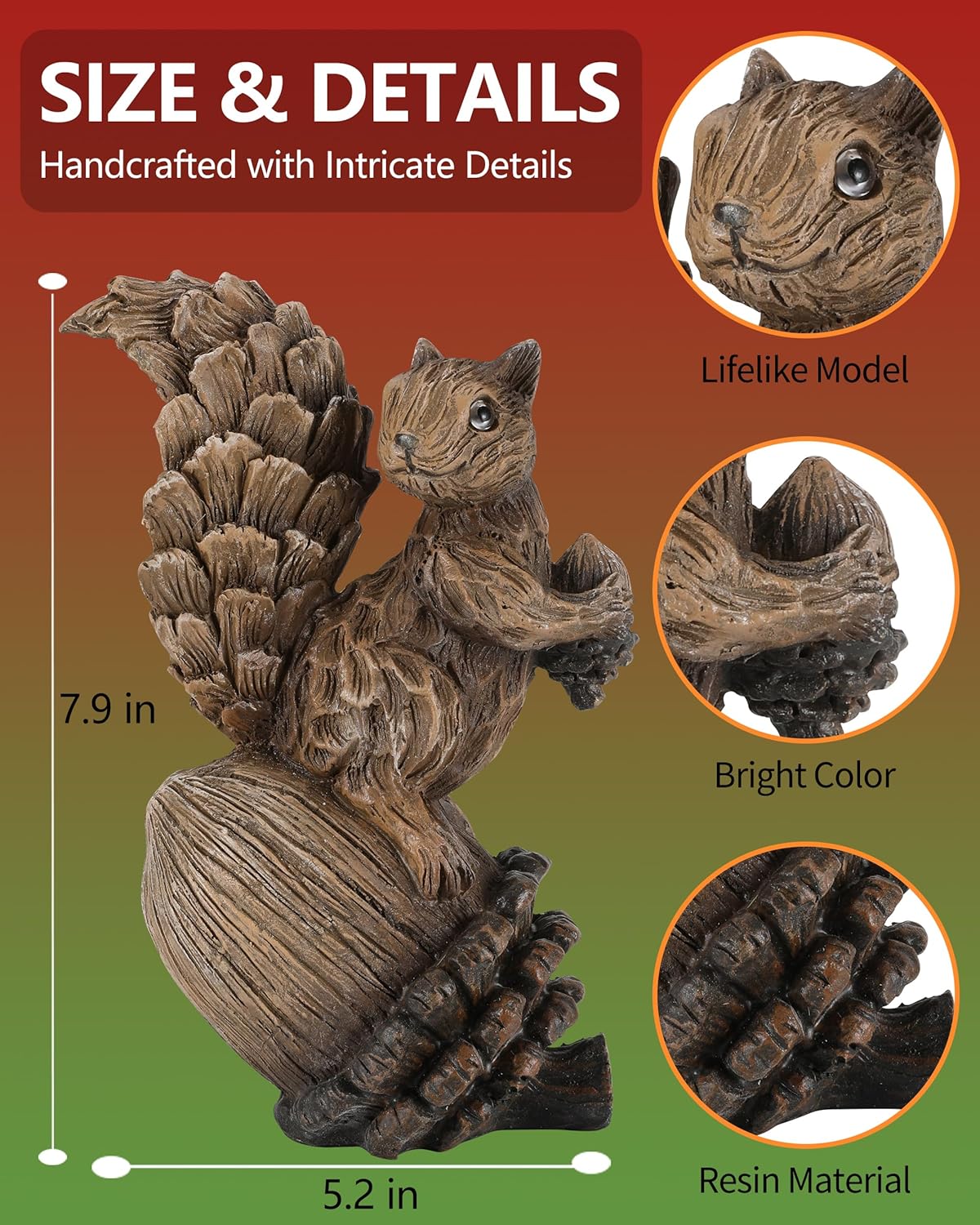 Handcrafted Resin Squirrel Figurine on Pinecone - 8'' Woodland Animals Statue for Fall Winter Spring Summer Christmas Decor (Squirrel)