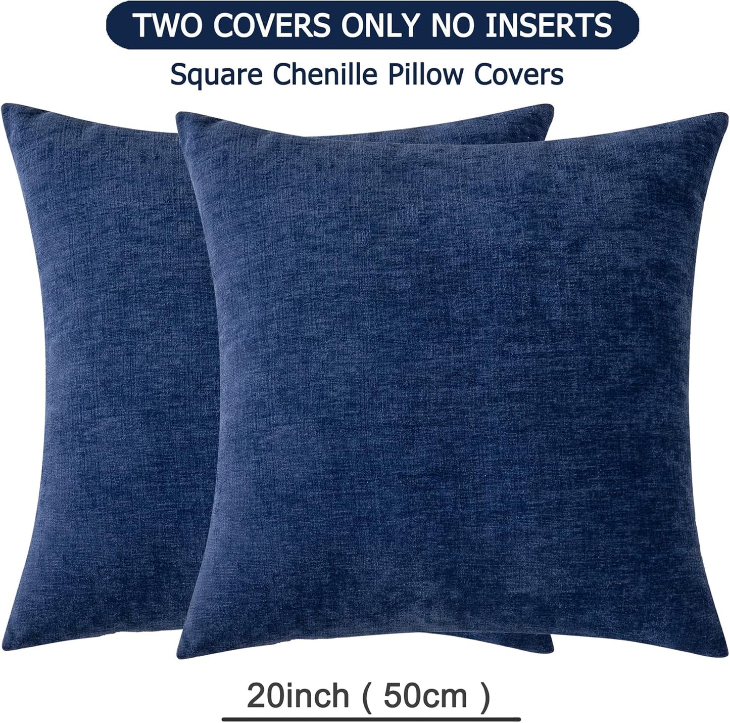 GAWAMAY Decorative Square Throw Pillow Covers 20"x20" Inch Set of 2, Super Soft Chenille Pillows Farmhouse Fall Pillowcase for Living Room Bedroom Sofa Couch Cushion Cover Navy Blue 50x50cm