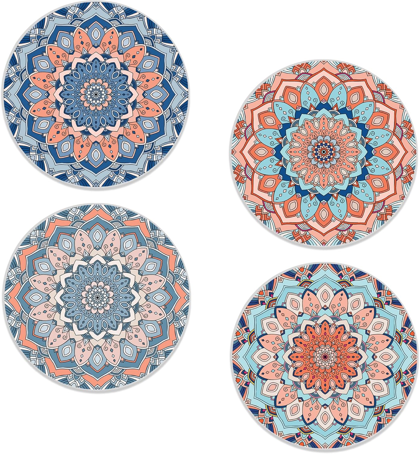 Coasters Set of 4, Mandala Blue Round 4" Ceramic & Cork Coasters, Ideal Home Decor & Gifts