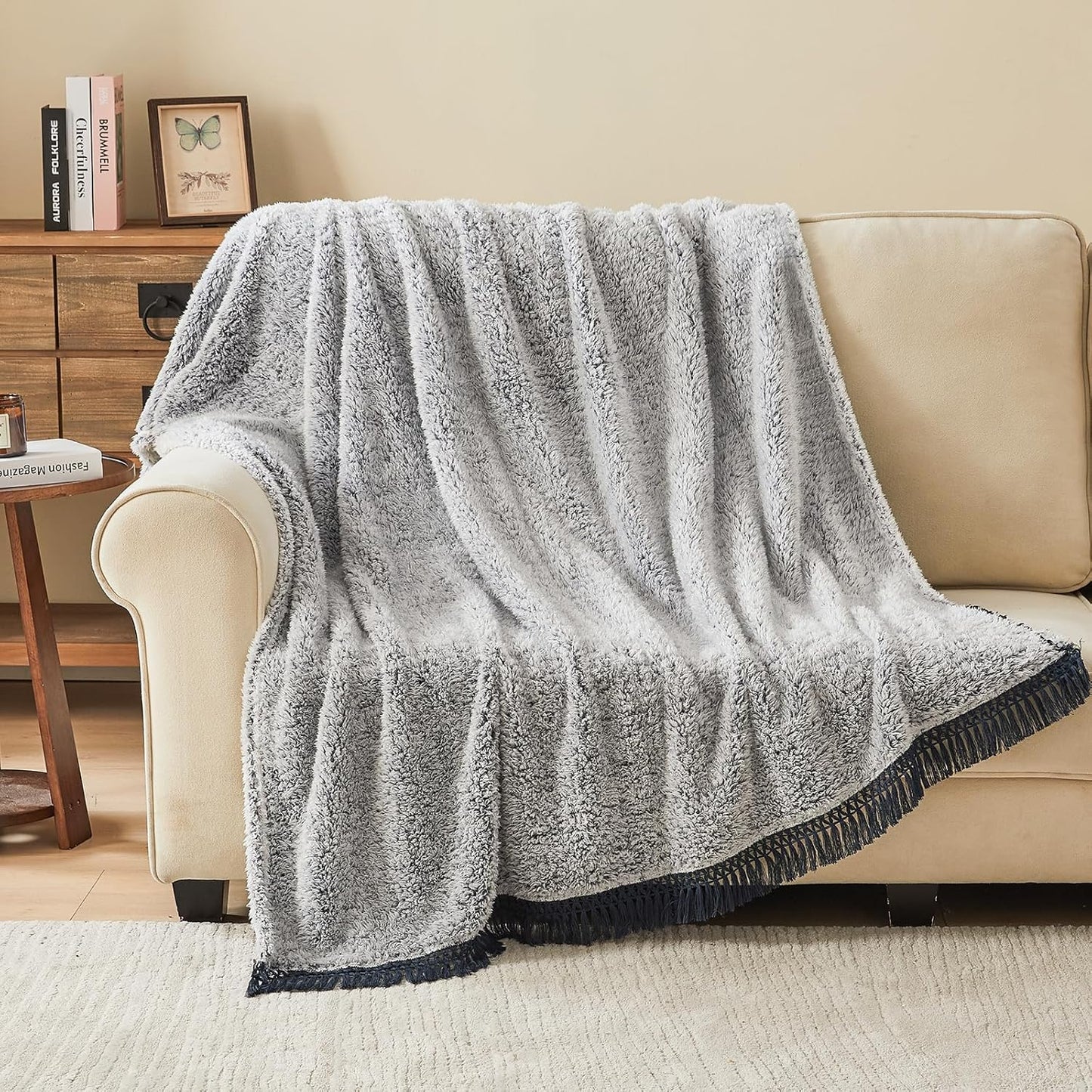 EMME Soft Sherpa Fleece Blanket with Tassel, Reversible Plush Fluffy Large Blanket, Light Weight Warm Decorative Boho Blanket Cover for Sofa, Couch, Bedroom,Travel(Tassel Navy,60"x80")
