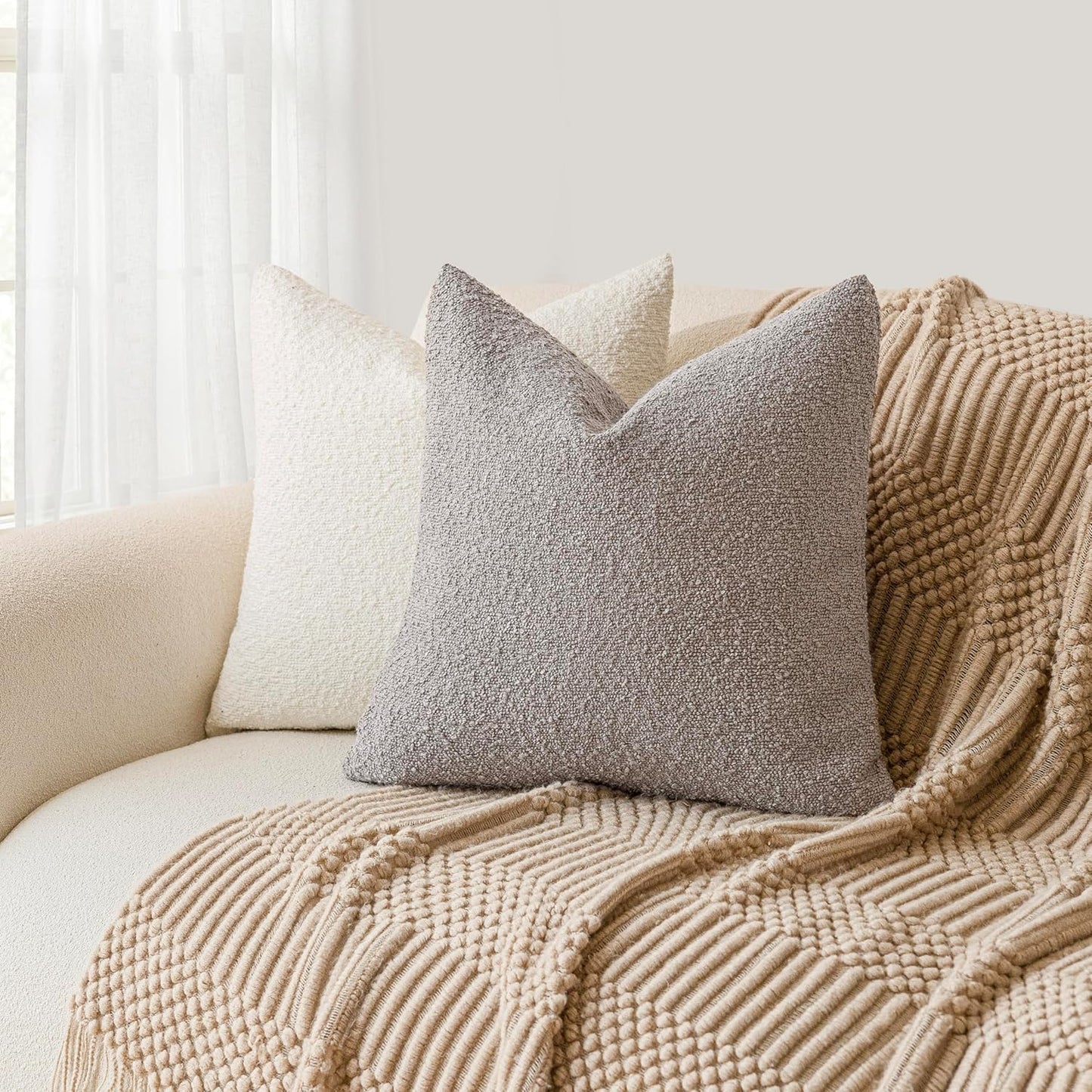 Foindtower Decorative Textured Boucle Throw Pillow Covers Accent Solid Pillow Cases Neutral Soft Cozy Couch Cushion Case for Chair Sofa Bedroom Living Room Home Decor 22 x 22 Inch,Neutral Grey