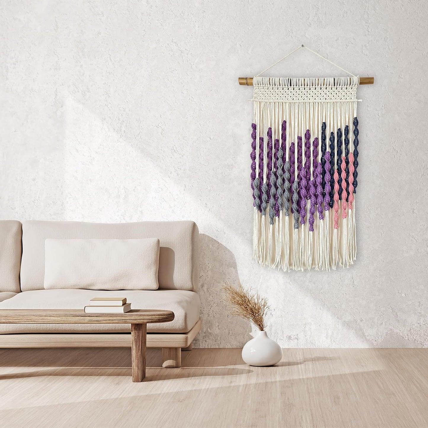 Knots & Beyond Purple Macrame Wall Hanging with Driftwood Dowel, Bohemian Tapestry Wall Art with Rod, Boho Wall Decor Above Bed, 22" x 32"