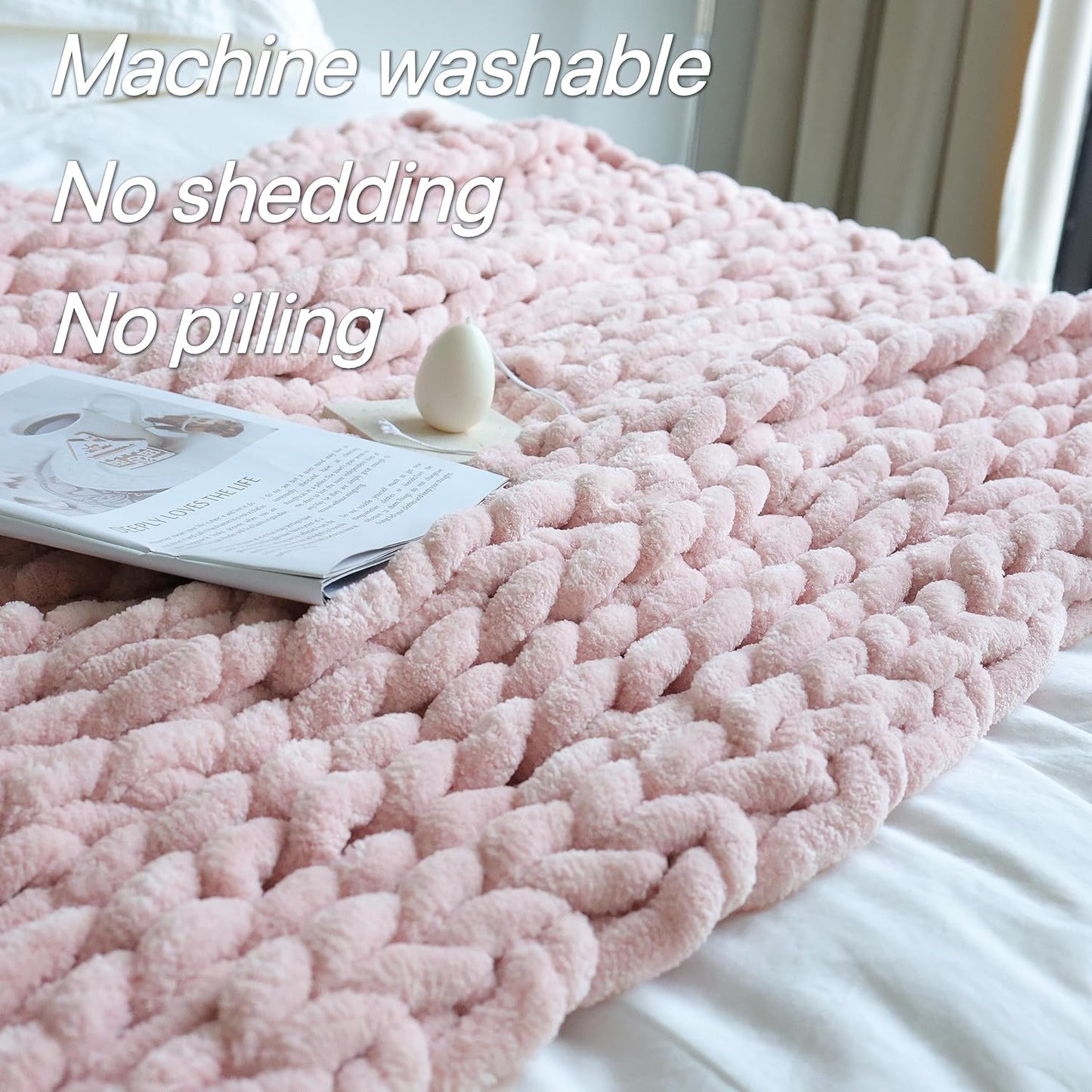 Maetoow 30X40 Inch Chenille Chunky Knit Blanket Throw, Handmade Warm & Cozy Blanket Couch, Bed, Home Decor, Soft Breathable Fleece Banket, Christmas Thick and Giant Yarn Throws, Light Pink