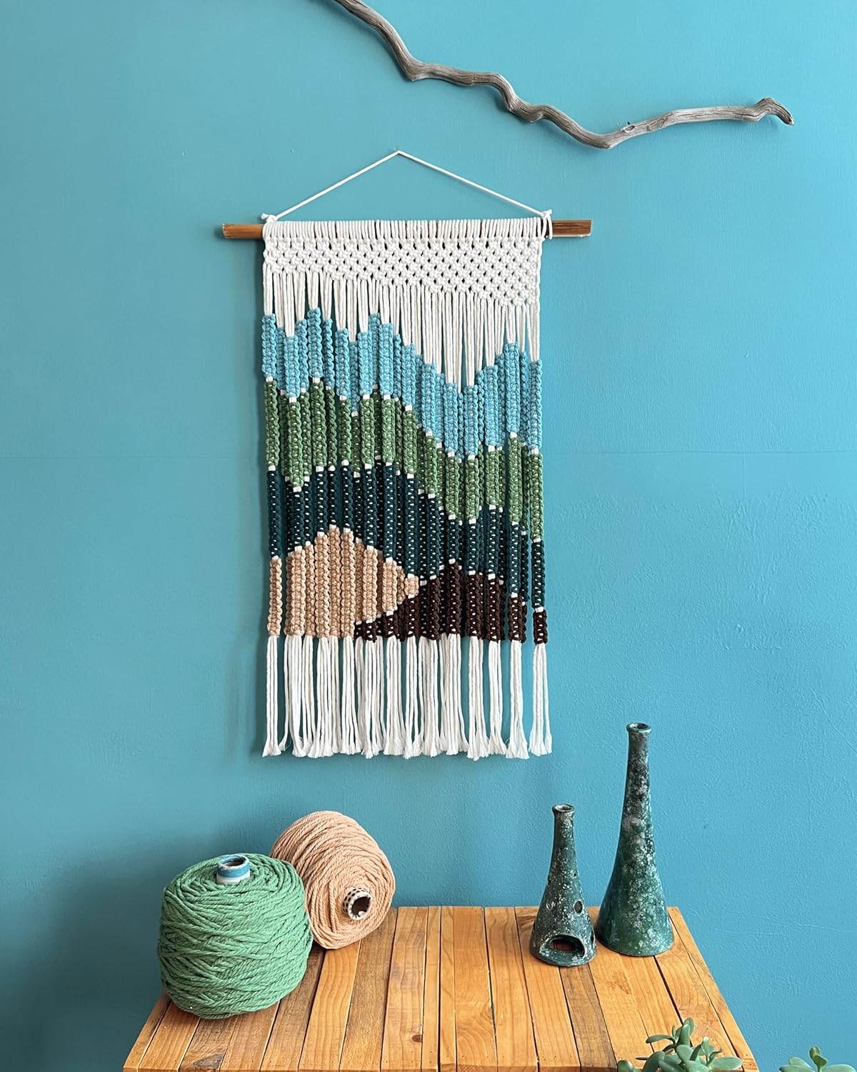 Knots & Beyond Boho Macrame Wall Hanging Green & Blue, Woven Tapestry Wall Decor, Fabric Wall Art for Living Room, 22" x 28"