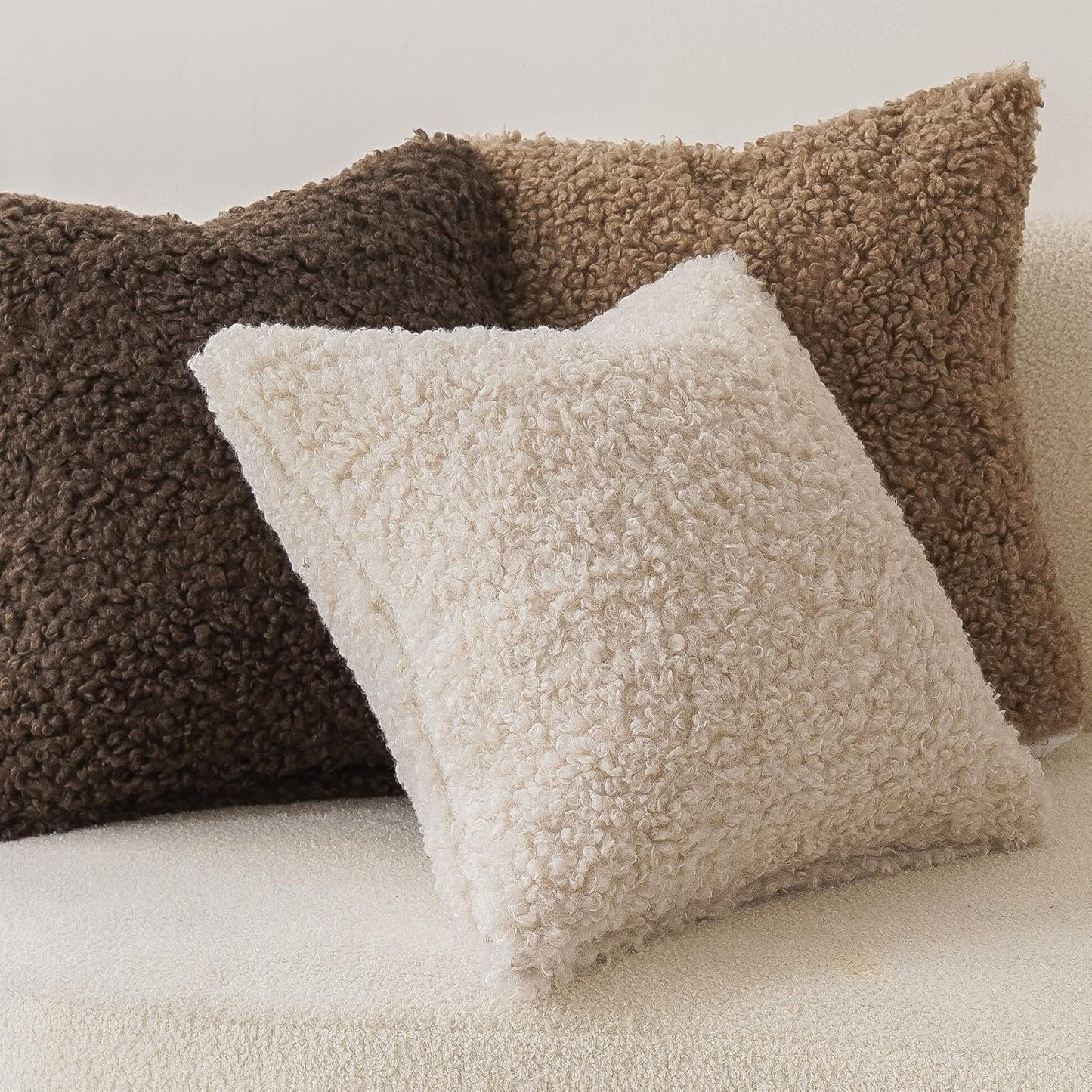 Foindtower Set of 2 Curly Teddy Wool Faux Fur Pillow Covers Decorative Boucle Textured Lumbar Throw Pillow Accent Pillowcases Sheepskin Cushion Case for for Chair and Couch 12"x20" Neutral Cream