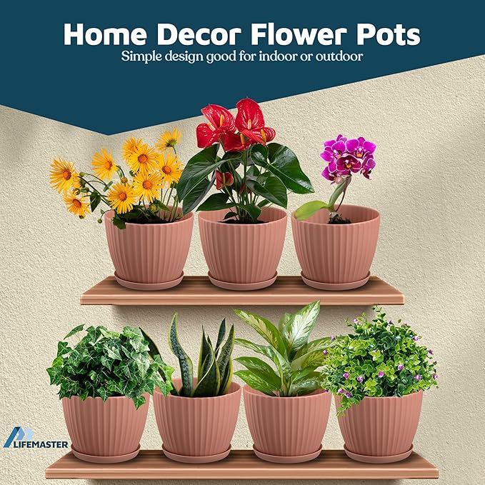 Pink 6-Inch Plant Pots with Drainage & Saucers 12 Pack, Indoor & Outdoor Planters for Houseplants, Herbs, and Flowers, Durable & Weatherproof Material, Stackable, Lightweight, Minimalist Design