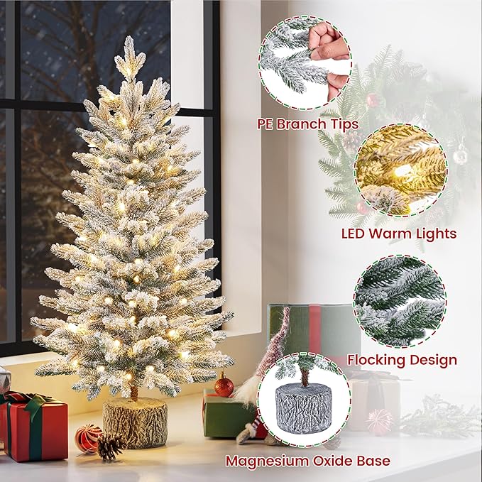 Yaheetech 3FT Pre-lit Potted Flocked Christmas Tree, Snow Frosted Mini Tabletop Artificial Christmas Tree with 50 Warm White LED Lights and 355 PE Branch Tips for Holiday Decoration