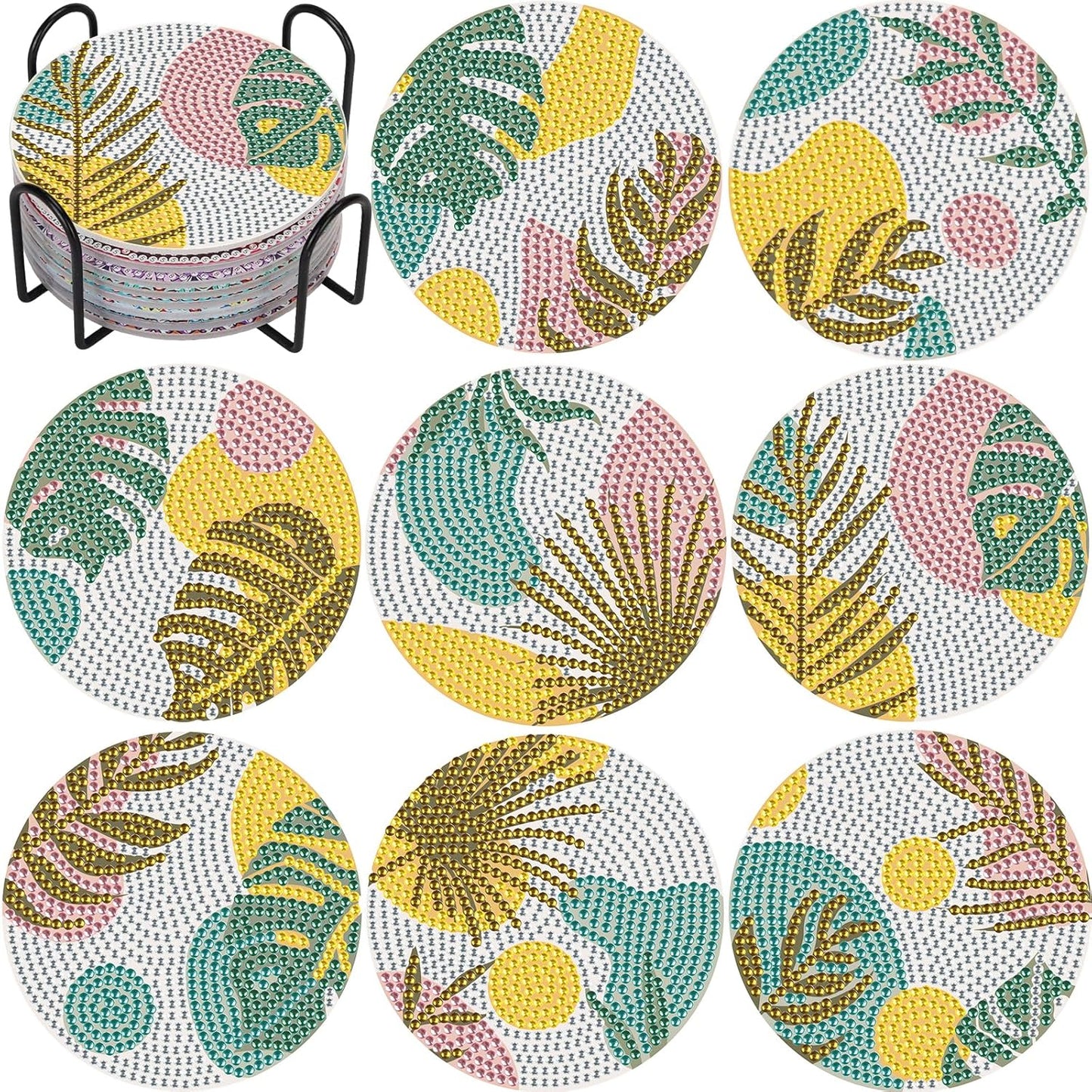 DIY Diamond Art Coasters with Holder, Boho Diamond Coasters Painting Coasters, Colorful Leaves Painting Kits for for Adults, Diamond Art Craft Kits (8 Pcs Pink Leaf Style with Holder)