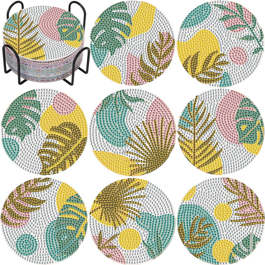 DIY Diamond Art Coasters with Holder, Boho Diamond Coasters Painting Coasters, Colorful Leaves Painting Kits for for Adults, Diamond Art Craft Kits (8 Pcs Pink Leaf Style with Holder)