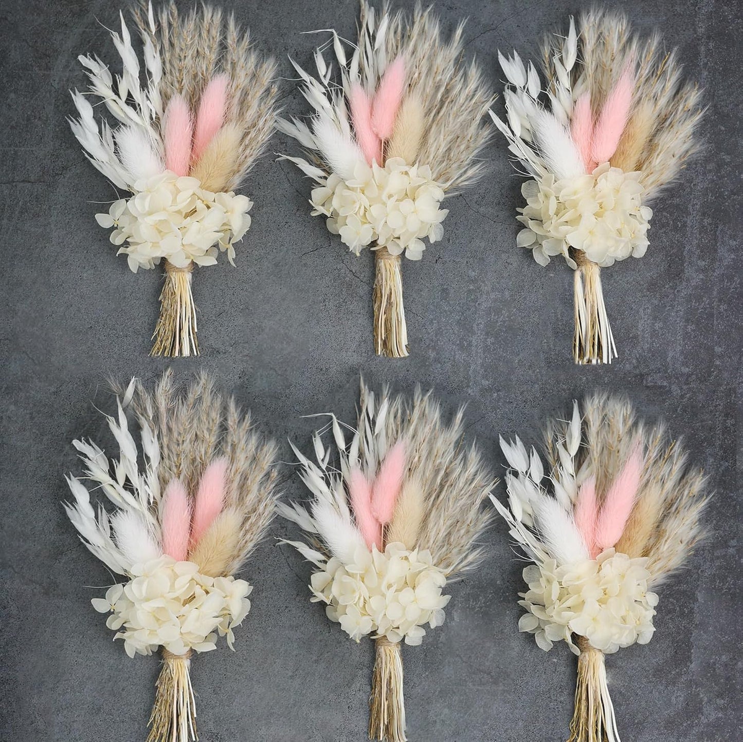 Mini Dried Flower Bouquet (Pack of 6), Dried Flower Bouquet for Bohemian Wedding Table Centerpieces, Dried Pampas Grass. (Blush)