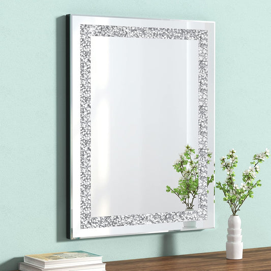 Crystal Decorative Mirror-16 x20 Rectangle Gorgeous Silver Mirror, Crush Diamond Mirror for Wall Decoration Bedroom, Hallway, Dining Room