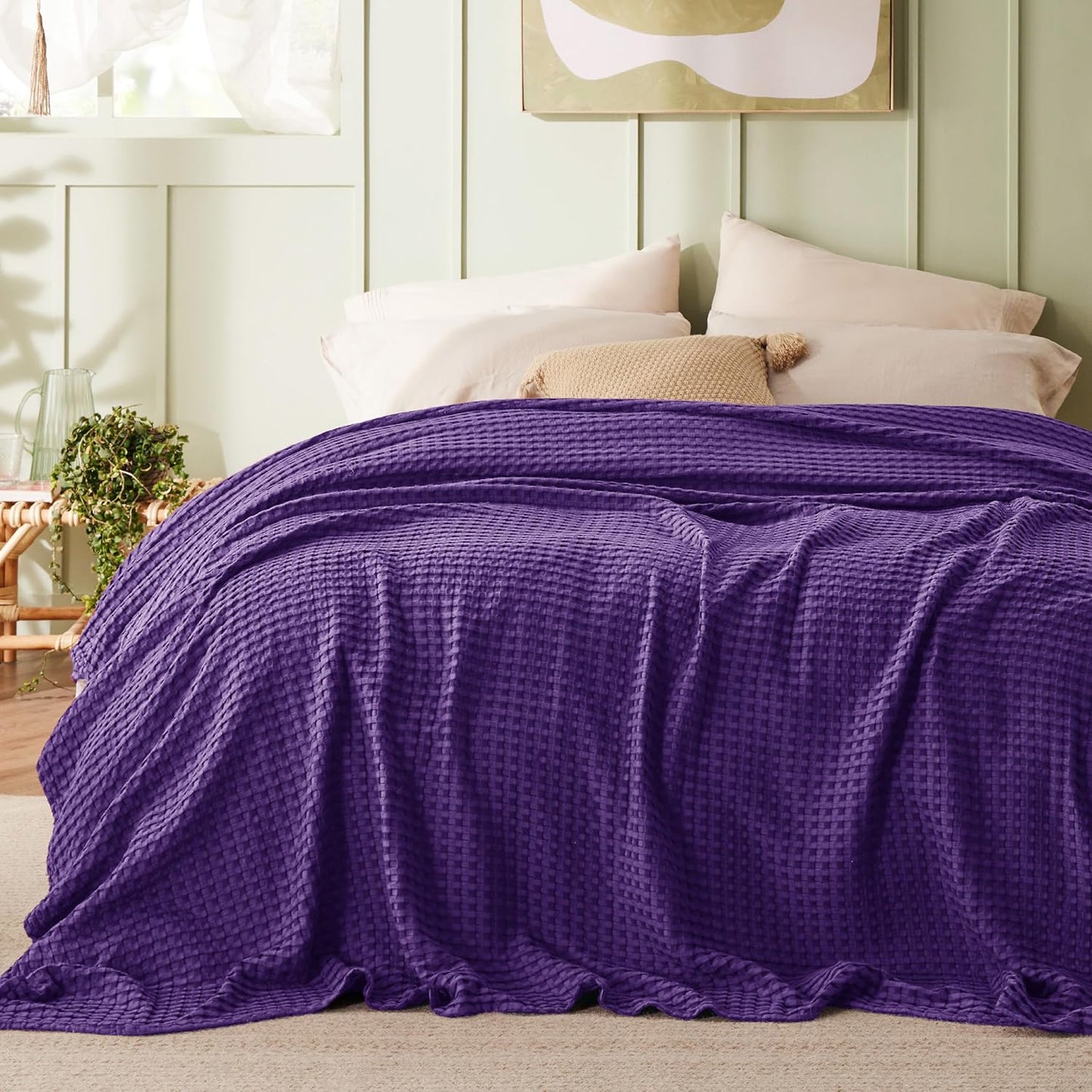 Bedsure Cooling Cotton Waffle King Size Blanket - Lightweight Breathable Blanket of Rayon Derived from Bamboo for Hot Sleepers, Luxury Throws for Bed, Couch and Sofa, Purple, 104x90 Inches