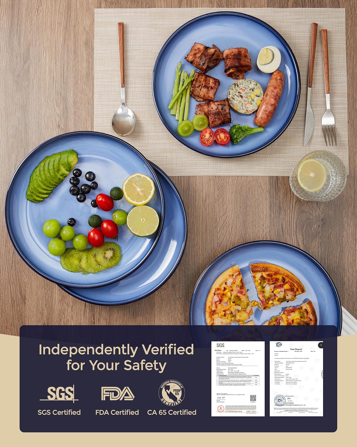 Dinner Plates for 6, 10 Inches Plate Set, Scratch Resistant, Large Stoneware Dinnerware, Kitchen Modern Rustic Serving Dishes, Light Blue