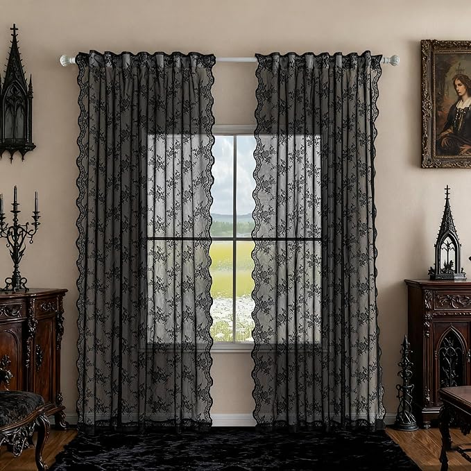 MEETSKY Lace Sheer Curtains 72 Inch Long Black Goth Victorian Vintage Spooky Halloween Holiday Party Decor for Living Room Bedroom Back Tab Rod Pocket Light Filtering Drapes, 50"W Each Panel, 2 Pieces