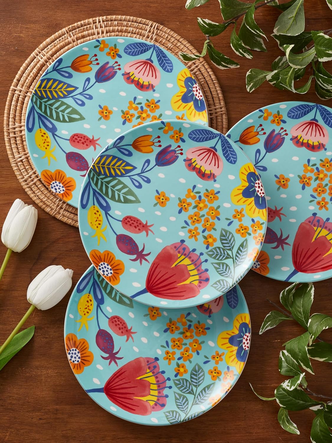 Bico Alice in Dreamland Salad Plates Set of 4, 8.75 Inch Ceramic Dessert Plates for Salad, Appetizer, Side Dishes, Microwave and Dishwasher Safe, Gift for Housewarming and Thanksgiving