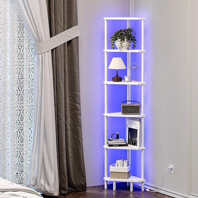 6 Tier Corner Shelf with LED Light, 66.5'' Tall Standing Shelf, Narrow Display Shelf Stand, Modern Corner Bookshelf, Plant Stand, Corner Bookcase for Living Room, Bedroom, Small Space LCS502WE