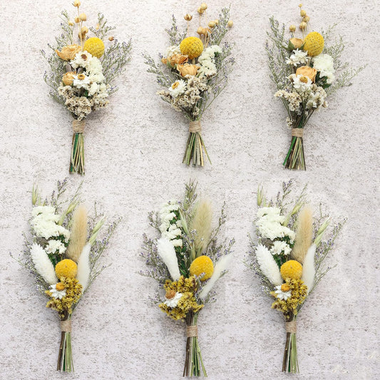 Mini Dried Flower Bouquets (Pack of 6), Dried Flower Bouquets for Card and Wedding Favour Box fillers, boutonnieres for Groomsmen and Groomsmen, Dried Cake Flowers(Yellow)