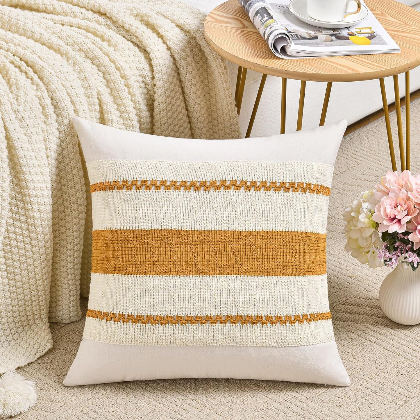 Fancy Homi Set of 2 Mustard Yellow Fall Decorative Throw Pillow Cover 16x16 Inch for Couch Bed Sofa, Autumn Halloween Thanksgiving Home Decor, Soft Cotton Aesthetic Cushion Case