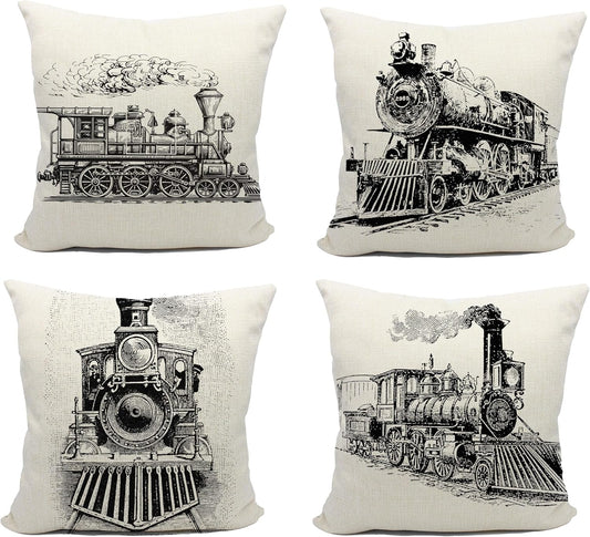 Mancheng-zi Train Pillow, Train Decor Pillow Covers 18x18, Set of 4,Train Pillow Cushion, Train Themed Room Decor, Gifts for Train Lovers,Train Gifts for Men, Train Decor Linen Cushion Cover