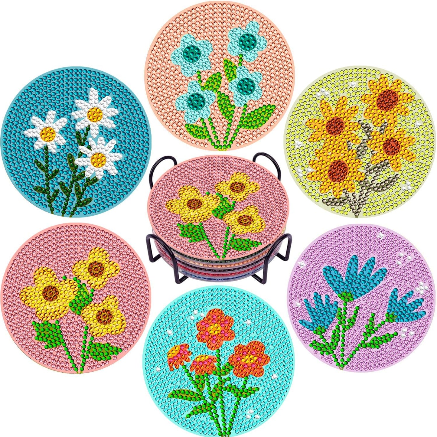 DOTSOPS 6 Pcs Diamond Painitng Kits for Adults Diamond Art Coasters with Holder for Adults Beginners Diamond Craft Gem Dots for Christmas Birthday Flowers