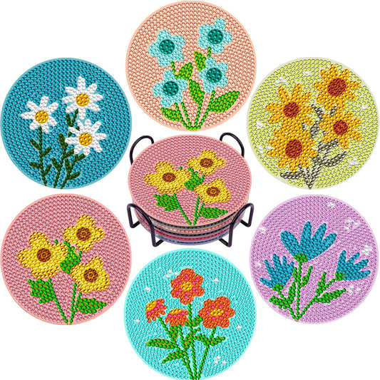 DOTSOPS 6 Pcs Diamond Painitng Kits for Adults Diamond Art Coasters with Holder for Adults Beginners Diamond Craft Gem Dots for Christmas Birthday Flowers