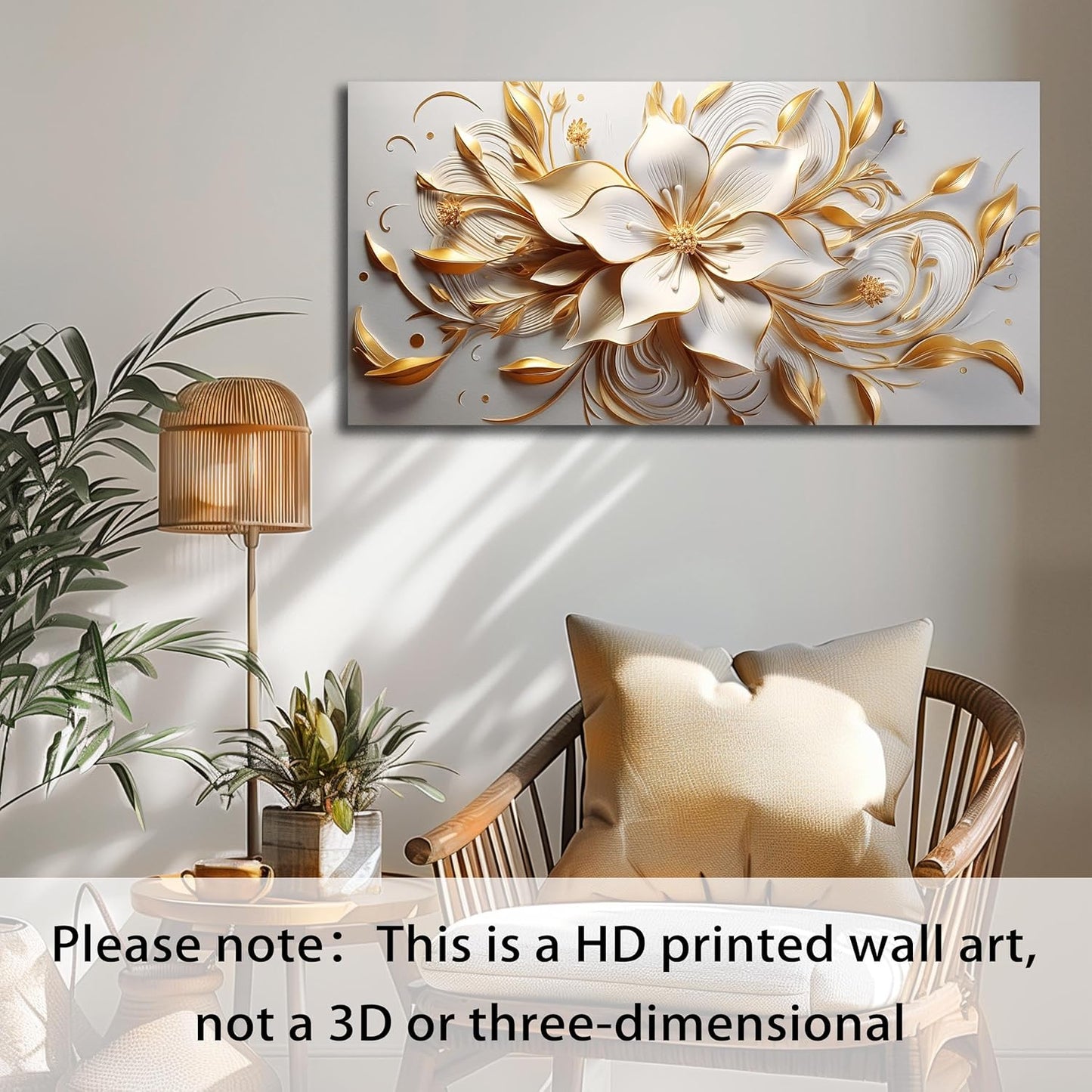 Flower Painting Wall Decor Living Room White and Gold Wall Art for Bedroom Modern Art Wall Decor Office Size 20" x 40"