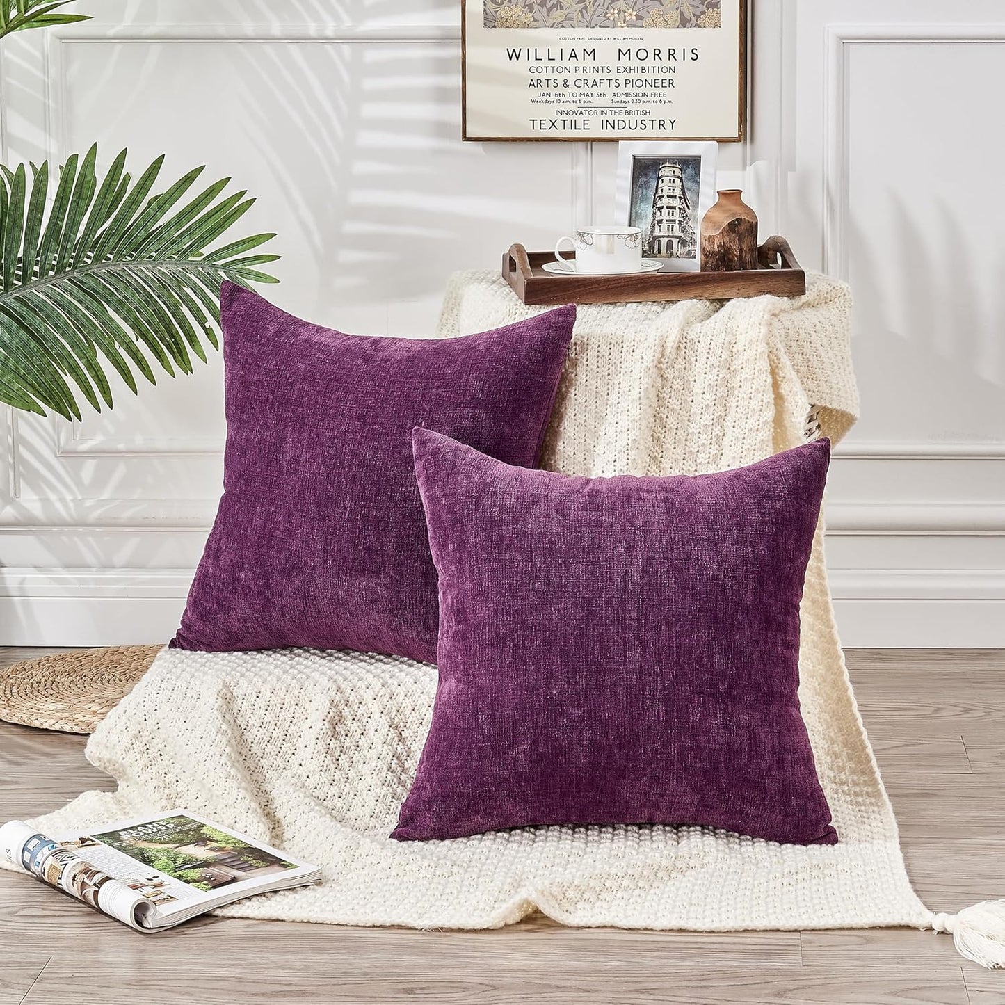 GAWAMAY Decorative Square Throw Pillow Covers 18"x18" Inch Set of 2, Super Soft Chenille Pillows Farmhouse Fall Pillowcase for Living Room Bedroom Sofa Couch Cushion Cover Purple 45x45cm (No Insert)