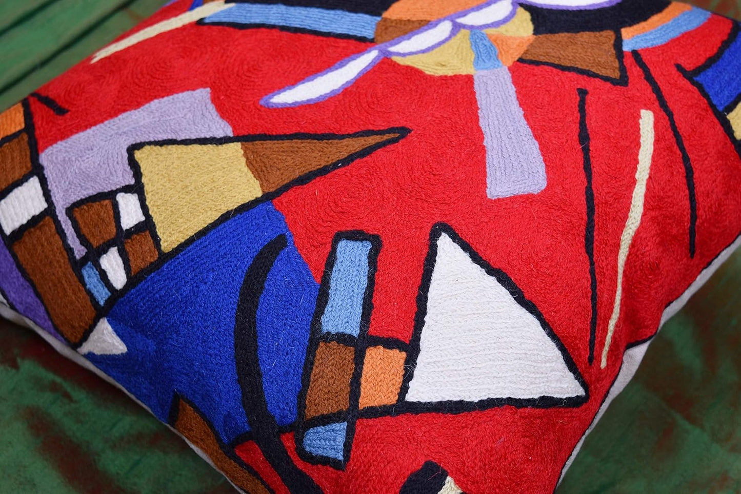 Kandinsky Contemporary Throw Pillow Cover - Bright | Red Modern Pillow Cases | Abstract Accent Pillows | Contemporary Couch Cushions | Hand Embroidered Cushion | Wool Size 18x18