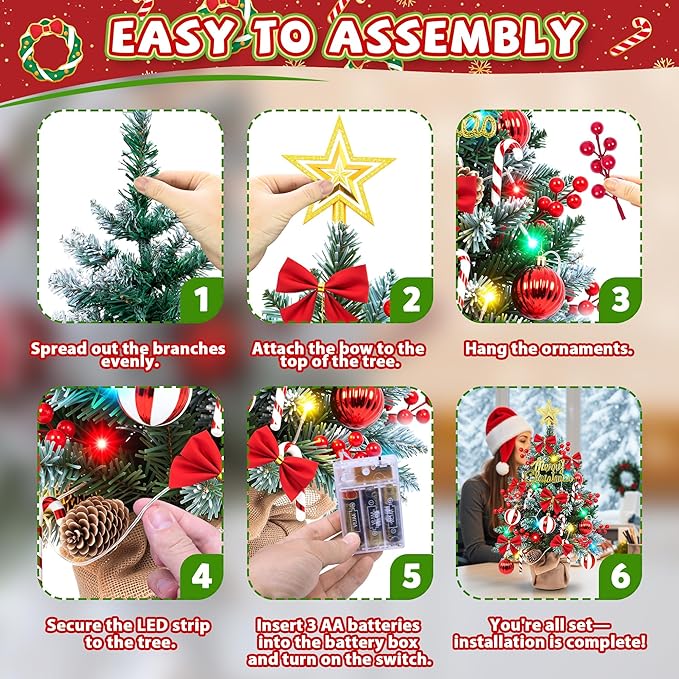 2FT Tabletop Mini Christmas Tree with Colorful LED Lights,DIY Ornaments,24 Inch Small Artificial Pine Tree with Star Topper, Battery Operated Desktop Xmas Tree for Home Office Holiday Decorations Gift