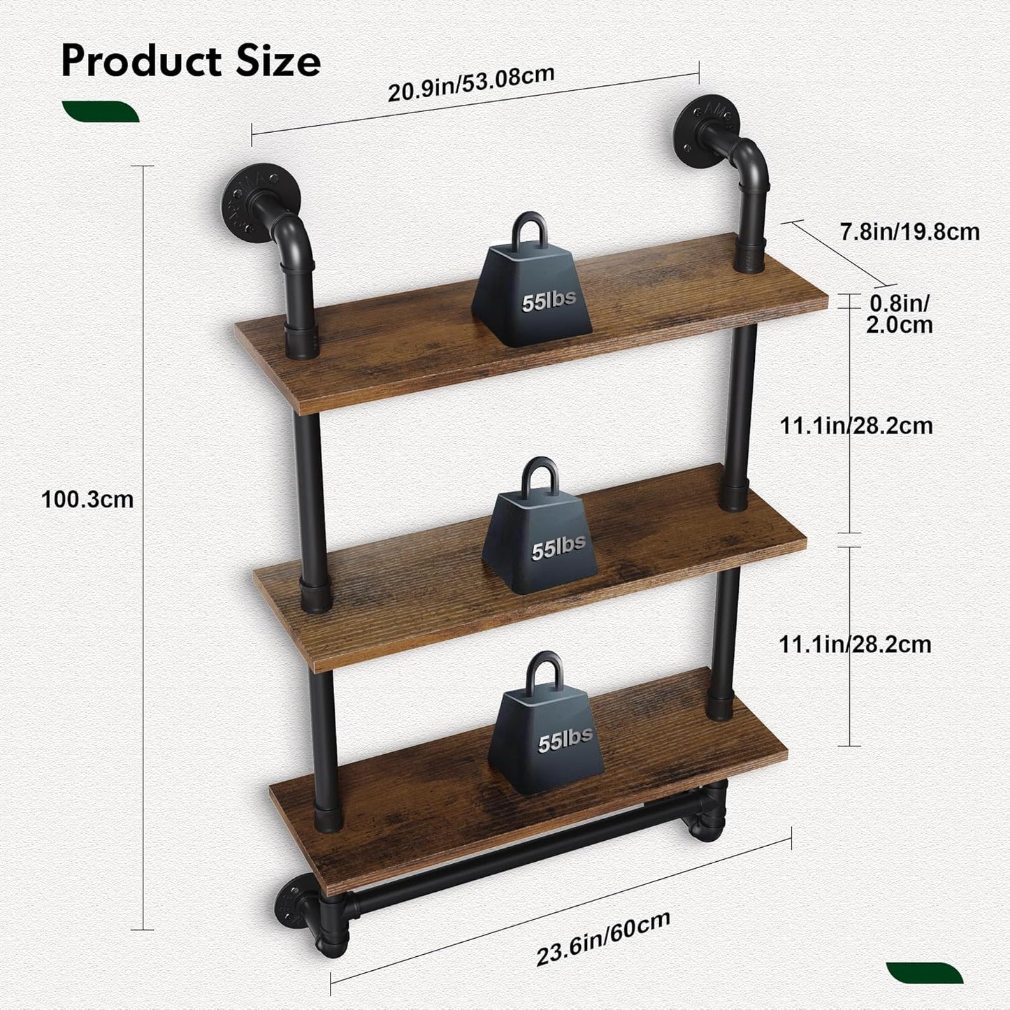 Merapi 24" Industrial Floating Shelves with Tower Bar, Pipe Shelves for Wall, 3 Tier Rustic Wood Wall Shelves for Home Décor, Bedroom, Living Room, Bathroom