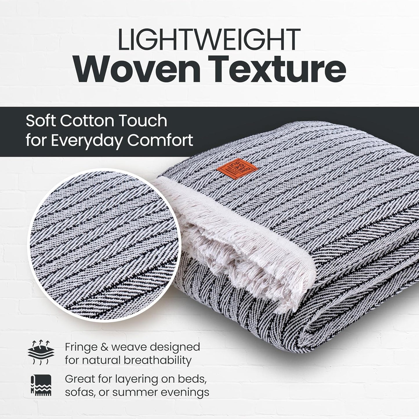 Gold Case Throw Blanket for Bed - 100% Recycled Turkish Cotton Blanket - Vintage Lightweight Soft Throw Blankets for Bed & Living Room - Twin Size Cozy Blankets - 71x90 - Black