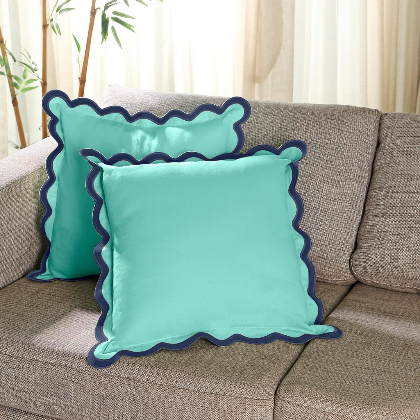 Folkulture Throw Pillow Covers 18x18, Set of 2 Cotton Scallop Pillow Cover, Decorative, Cute Outdoor, Boho for Couch, Blue