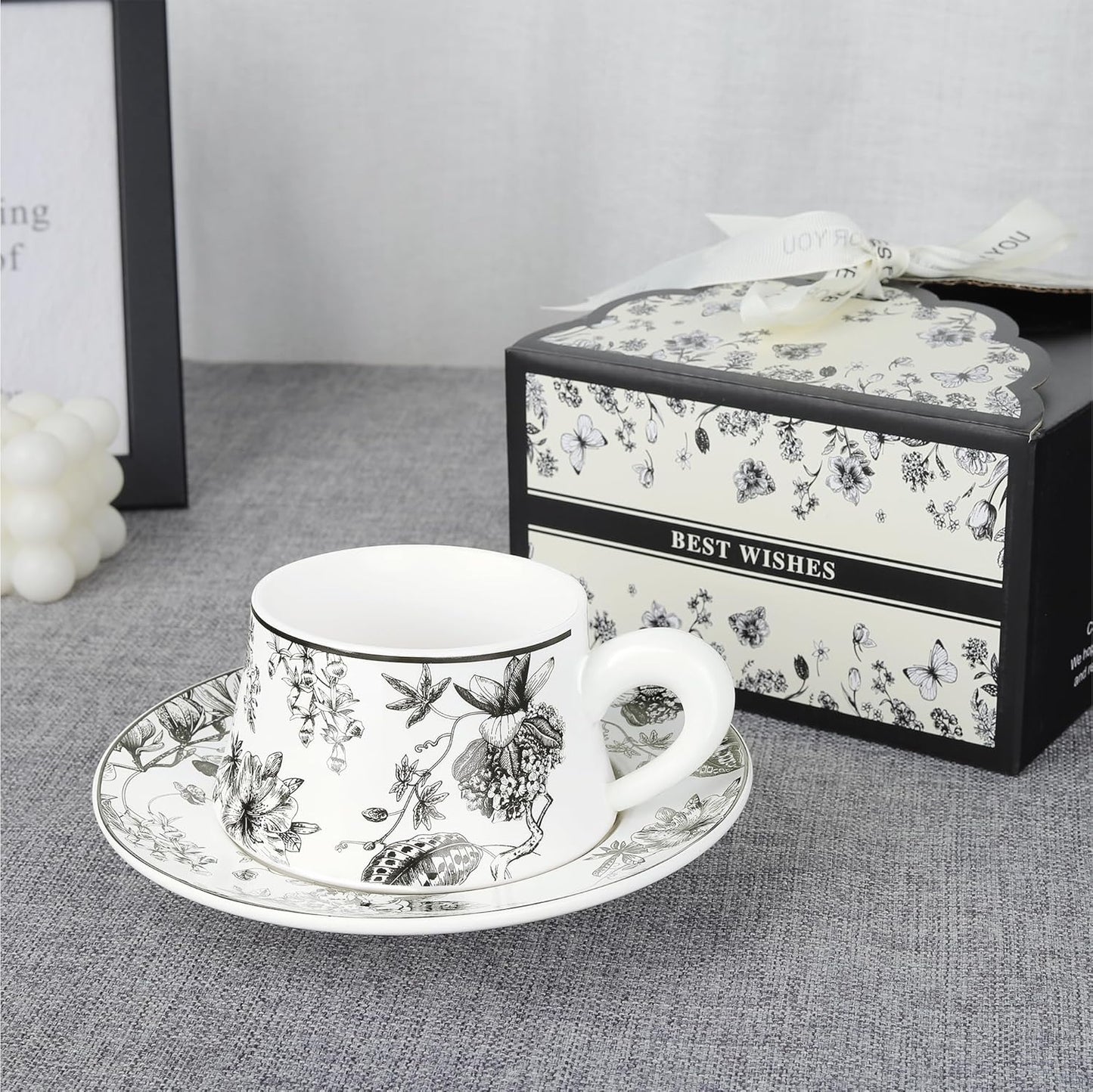 fanquare Ceramic Coffee Mug with Saucer Black Vintage Floral Tea Cup with Thick Handle Porcelain Modern Tea Cups for Office Party Breakfast, 8.5oz