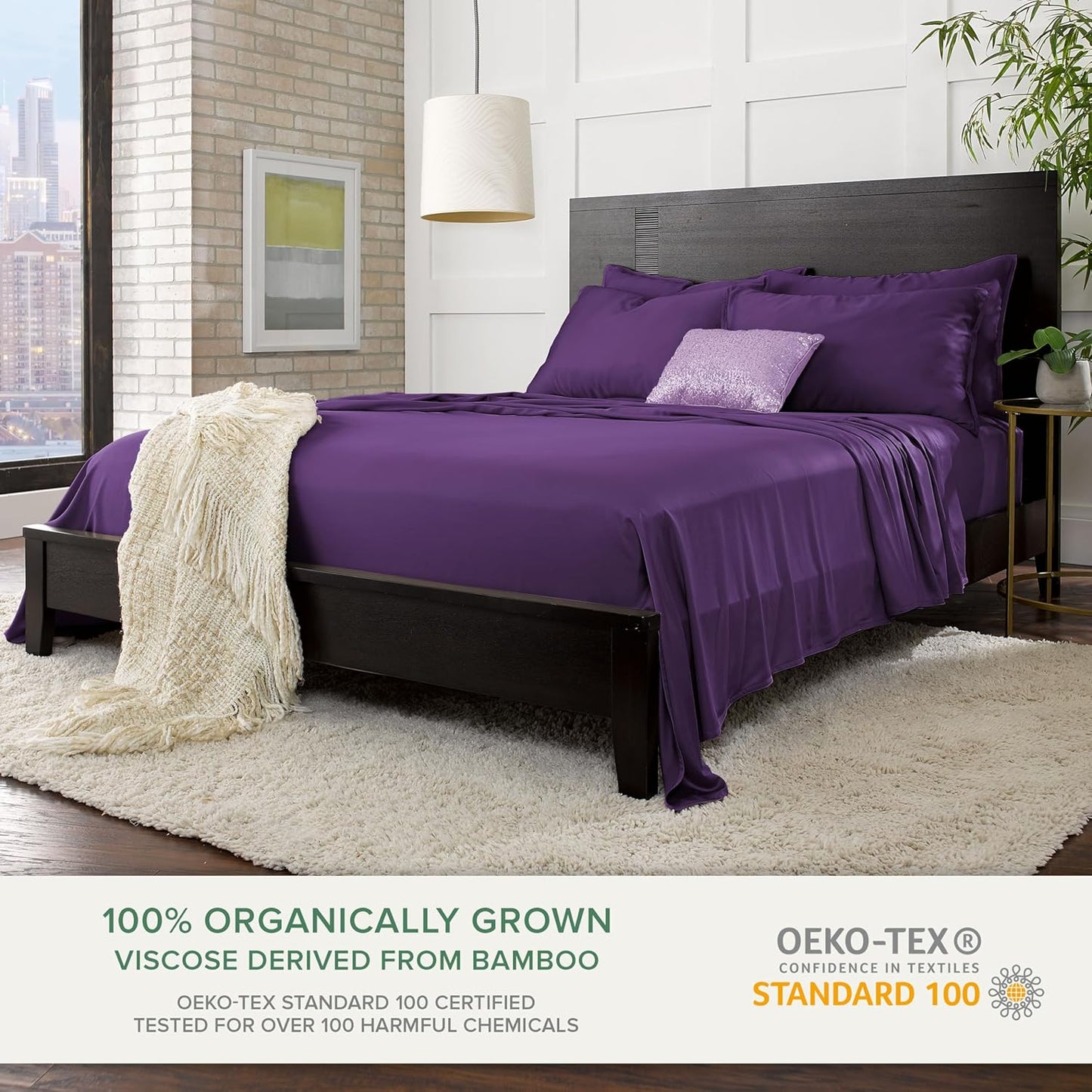 Full Sheets by Pure Bamboo, Genuine 100% Organic Viscose Derived from Bamboo Bed Sheet Set, Luxuriously Soft & Cooling, Double Stitching (Full, Purple)
