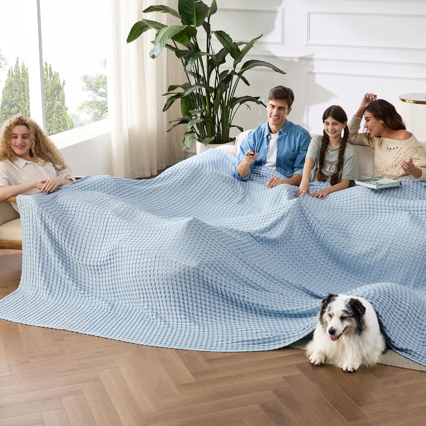 Bedsure Cooling Cotton Waffle Oversized King Blanket - Lightweight Breathable Rayon Derived from Bamboo for Hot Sleepers, Luxury Throws for Bed and Sofa, Blue, 120x96 Inches