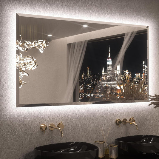 Keonjinn 55 x 30 Inch Backlit Bathroom Mirror with Lights, Beveled Large Lighted Vanity Mirror for Wall, HD Tempered Glass, Safe Defogging, UL-Listed, 3000K/4500K/6500K, Big Frameless LED Mirror