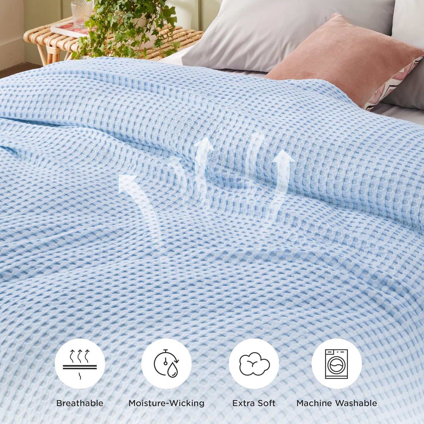 Bedsure Cooling Cotton Waffle King Size Blanket - Lightweight Breathable Blanket of Rayon Derived from Bamboo for Hot Sleepers, Luxury Throws for Bed, Couch and Sofa, Blue, 104x90 Inches