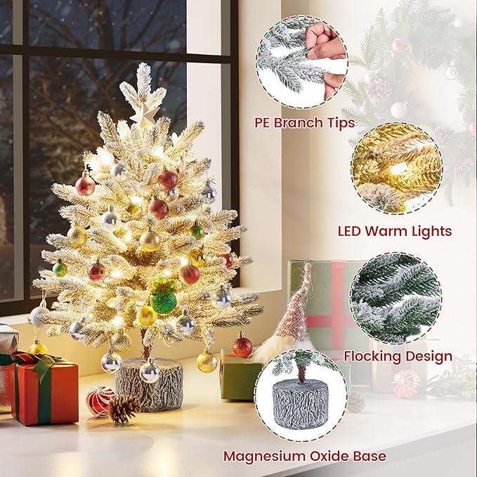 Yaheetech 2FT Pre-lit Potted Flocked Christmas Tree, Snow Frosted Mini Tabletop Artificial Christmas Tree with 35 Warm White LED Lights and 262 PE Branch Tips for Holiday Decoration