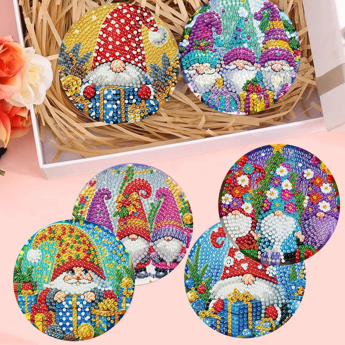 Meothan 8 Pcs Diamond Art Coasters Kits for Adults with Holder Cork Pads, Christmas Diamond Dots Art Painting Coasters Crafts Kit for Home Office Decor (Gnomes Theme)