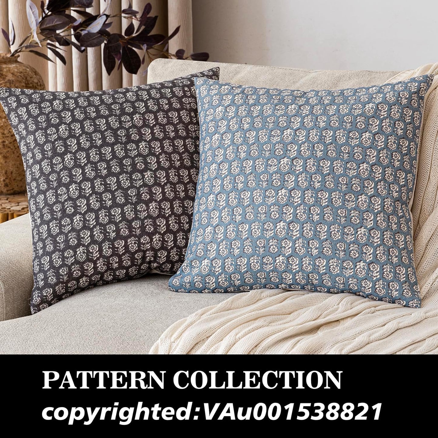 Foindtower Set of 2 Decorative Neutral Floral Print Throw Pillow Covers Vintage Accent Farmhouse Cushion Covers Boho Home Decor for Sofa Chair Couch Bedroom Living Room,18×18 Inch,Dusty Blue