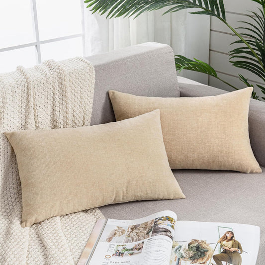 GAWAMAY Decorative Rectangle Throw Pillow Covers 12"x20" Inch Set of 2, Soft Chenille Fall Lumbar Support Pillow Cases for Living Room Bedroom Sofa Couch Cushion Cover Beige 30x50cm (No Inserts)